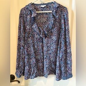 J. Jill Navy and Light Blue Paisley Ruffle V-Neck Blouse